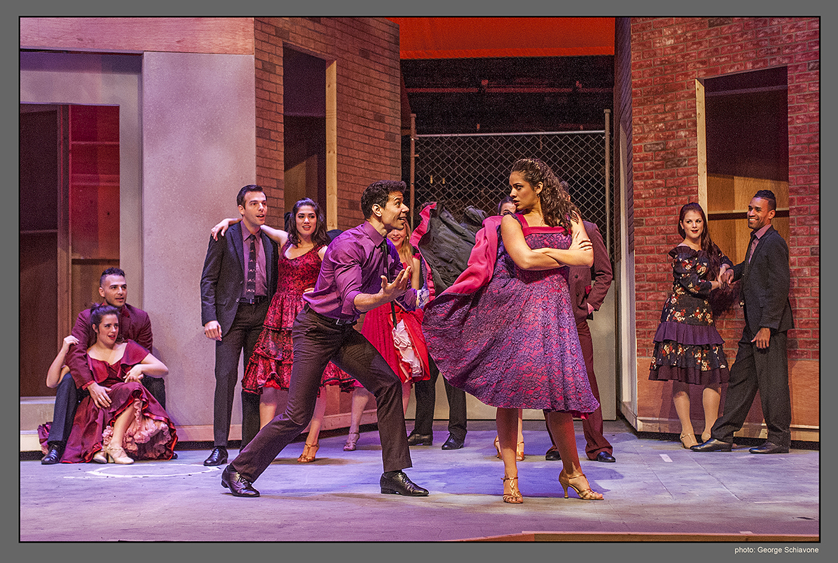 Marco Antonio Santiago (Bernardo), Isabelle McCalla (Anita) and the cast of West Side Story at Actors’ Playhouse at the Miracle Theatre. Photo by George Schiavone.