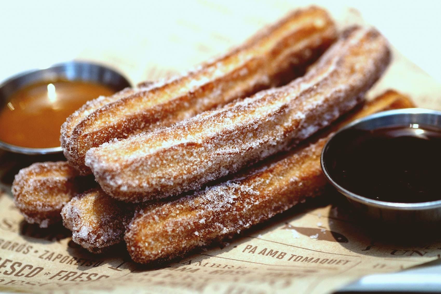 Churros with chocolate sauce are amazing at this Spanish restaurant in Coral Gables. The restaurant is called Bulla and everything on the menu is delicious!
