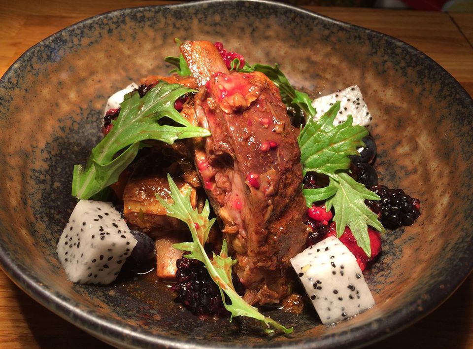 Beaker and Gray Game of Thrones Inspired Menu. Lamb ribs with dragon fruit. and wild berries.