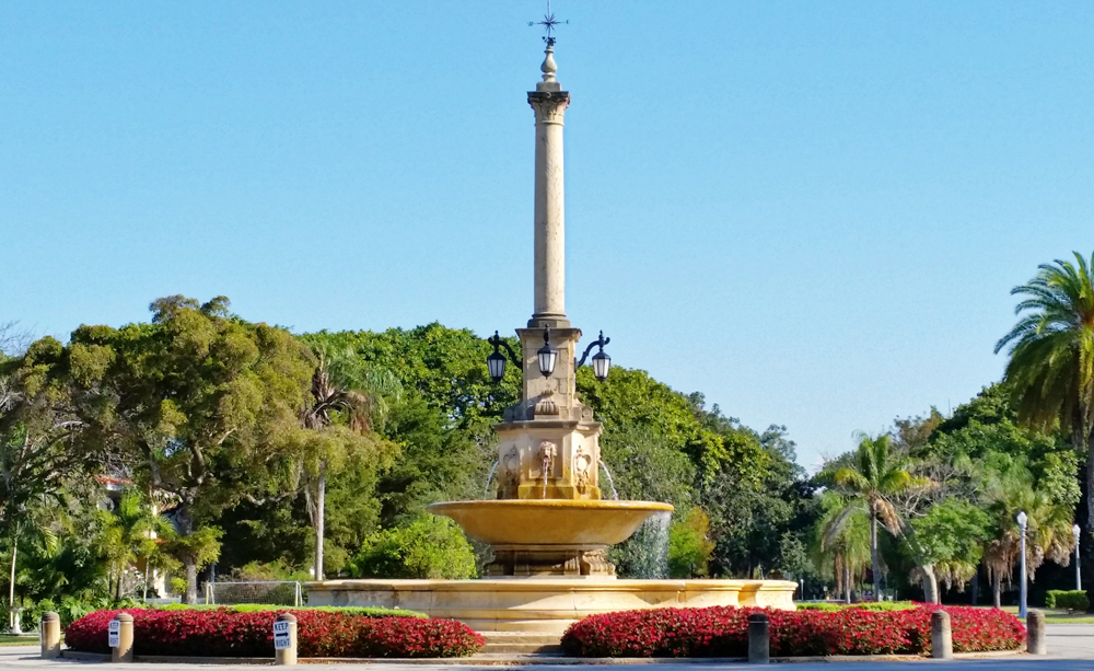 Coral Gables De Soto Fountain. Adorned with colorful flowers and small shrubs, the De Soto Fountain really is a simple yet elegant backdrop to your photos.