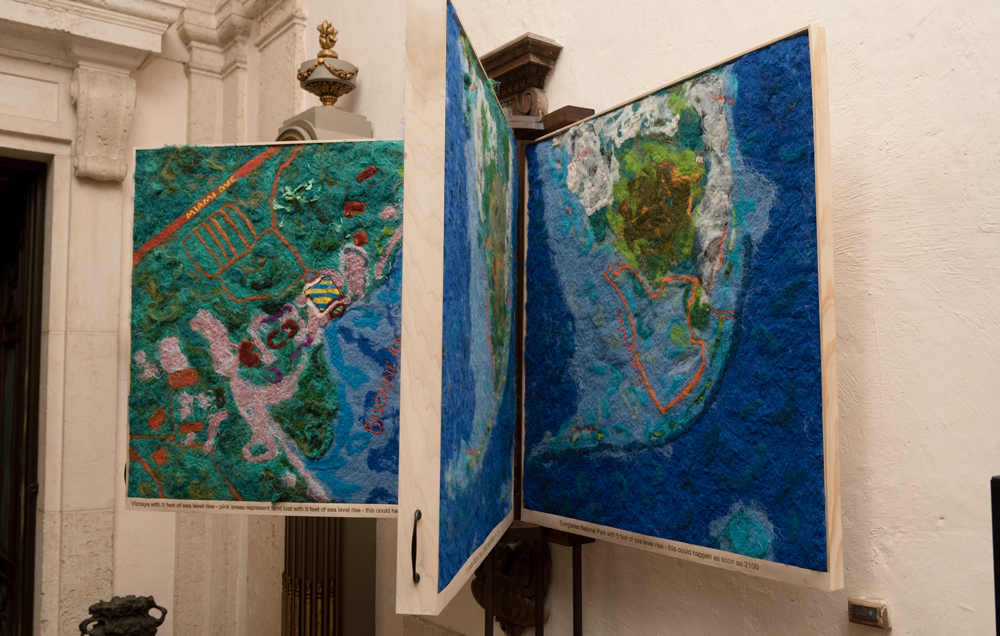 Lost Spaces Vizcaya Museum Art Show Opening. These is the felt maps art installation by Lucinda Linderman showing the sea level rise effects in South Florida.