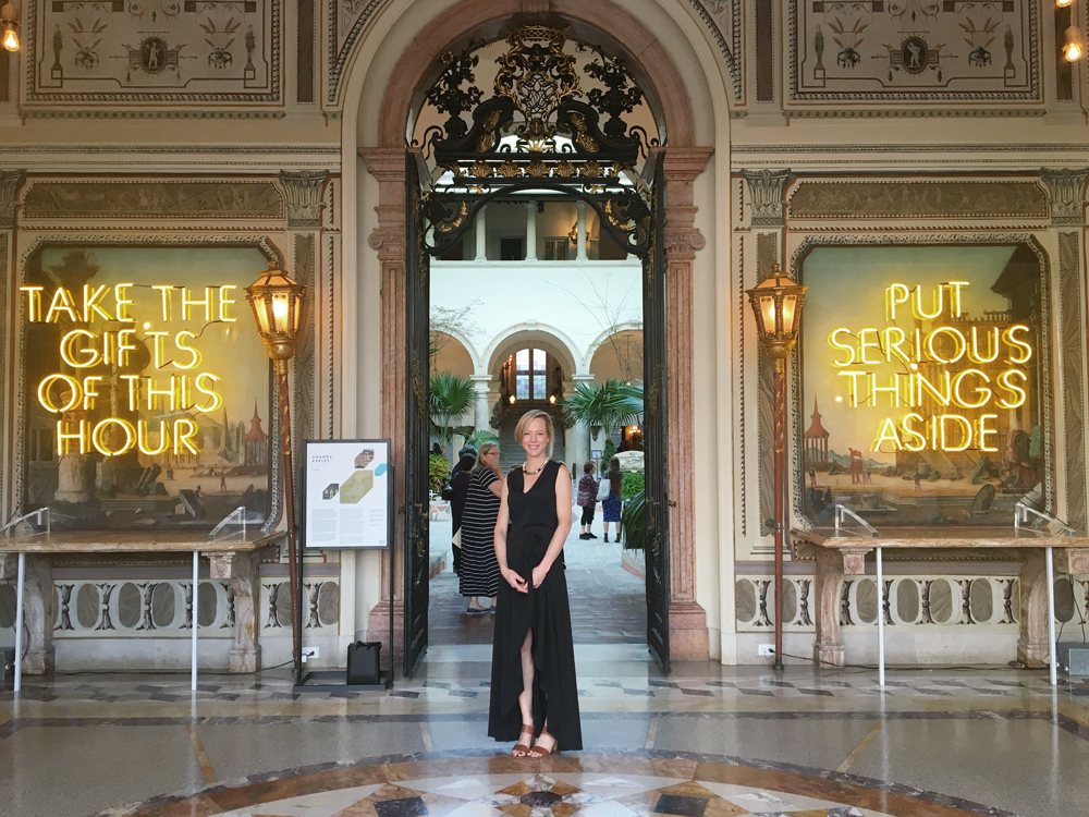 Vizcaya Museum Lost Spaces Art Show. Neon Sign installation by artist Amanda Keeley. "Savor the gifts of this hour. Put serious things aside."