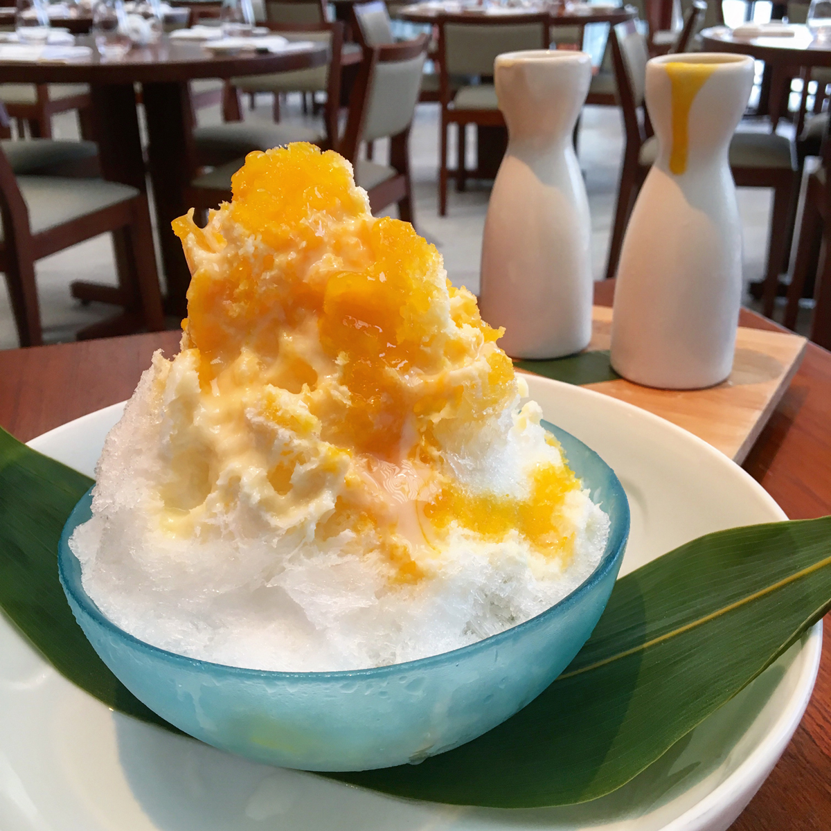 Nobu Miami at Eden Roc Hotel prix-fixe menu Mt. Fiji shaved ice dessert with Mango Sauce, Condensed Milk and Yogurt - this is AMAZING!