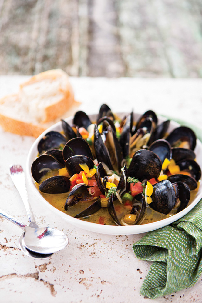 Chef Cindy Hutson Red Stripe Mediterranean Mussels at her restaurant Ortanique in Coral Gables, Florida