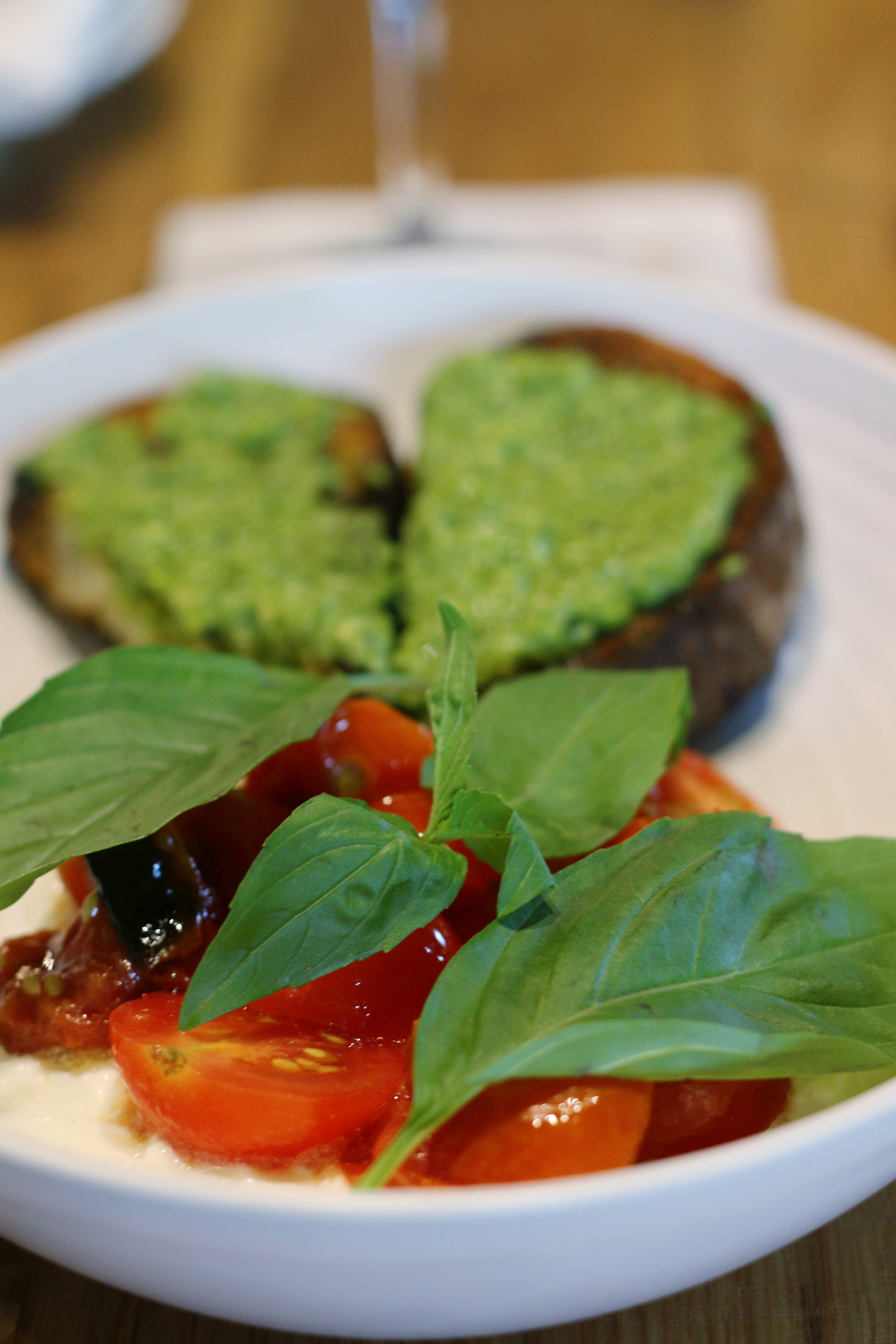 Glass and Vine has a caprese salad with pea pesto. It's delicious! Click to read more or pin and save for later! Coral Gables | Miami | Coconut Grove | Florida