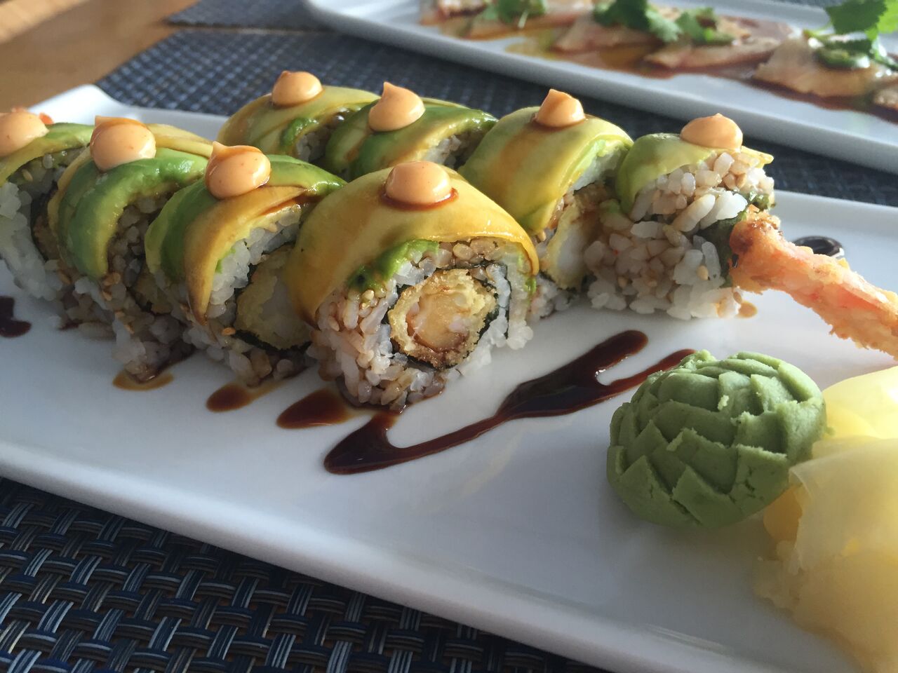 Budda-cane roll, with shrimp tempura, mango, and sugarcane soy, from Sushi Maki in Coral Gables. Click to read more or Pin and save for later.