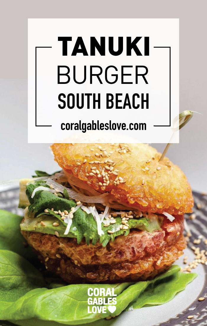 Tanuki Burger from Tanuki South Beach sushi restaurant. Tuna tartar with crunchy rice buns. Miami restaurants