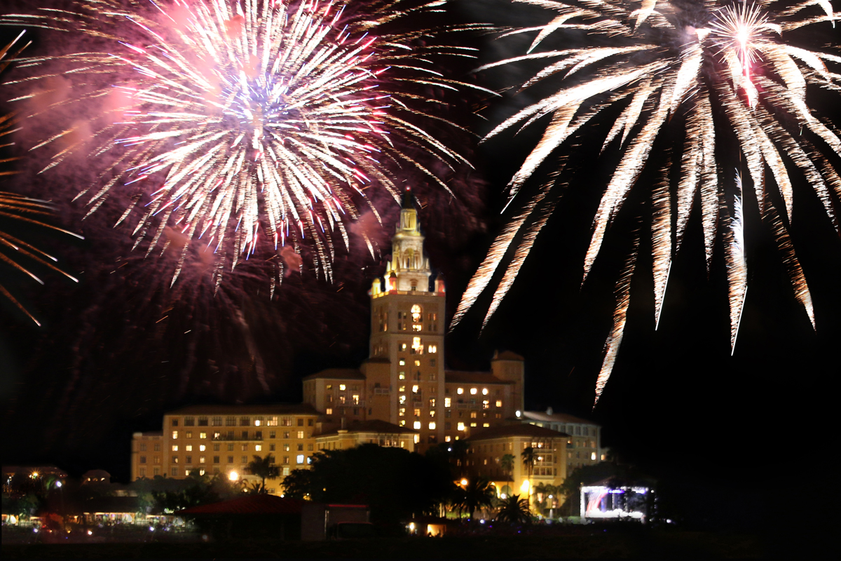Biltmore Hotel 4th of July Fireworks Coral Gables, Florida. Miami Independence Day Celebrations