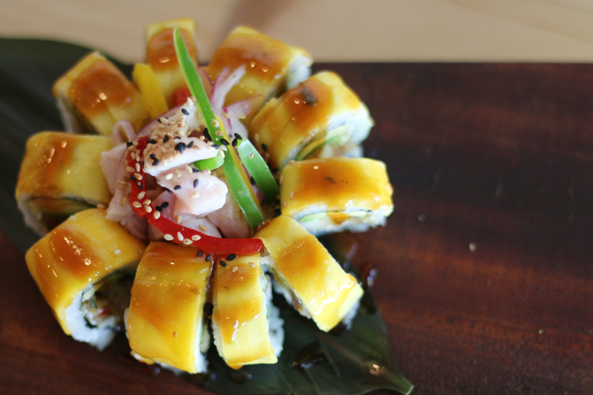 Sushi Kong Mango Tango sushi roll with ceviche. Miami restaurant near Goral Gables, Florida.