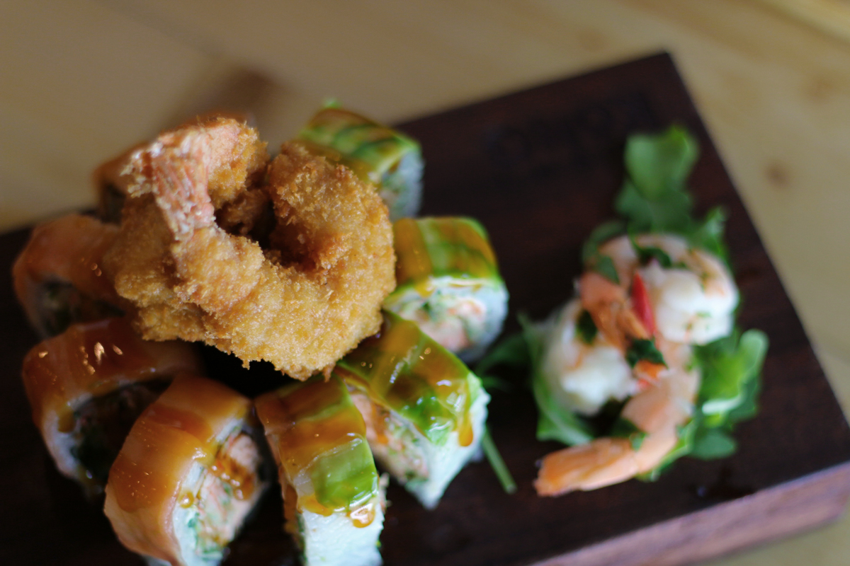 Sushi Kong Romeo and Juliet sushi roll with shrimp tempura. Miami restaurant near Goral Gables, Florida.