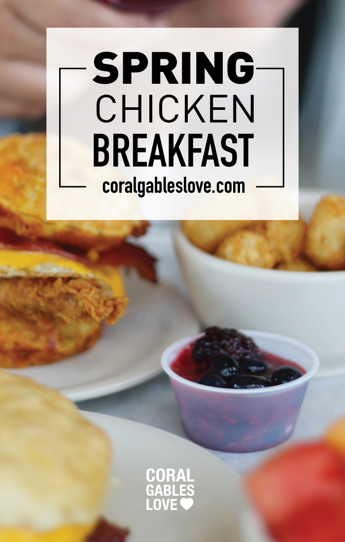 Spring Chicken Breakfast menu includes chicken waffle sandwich. Miami restaurant.