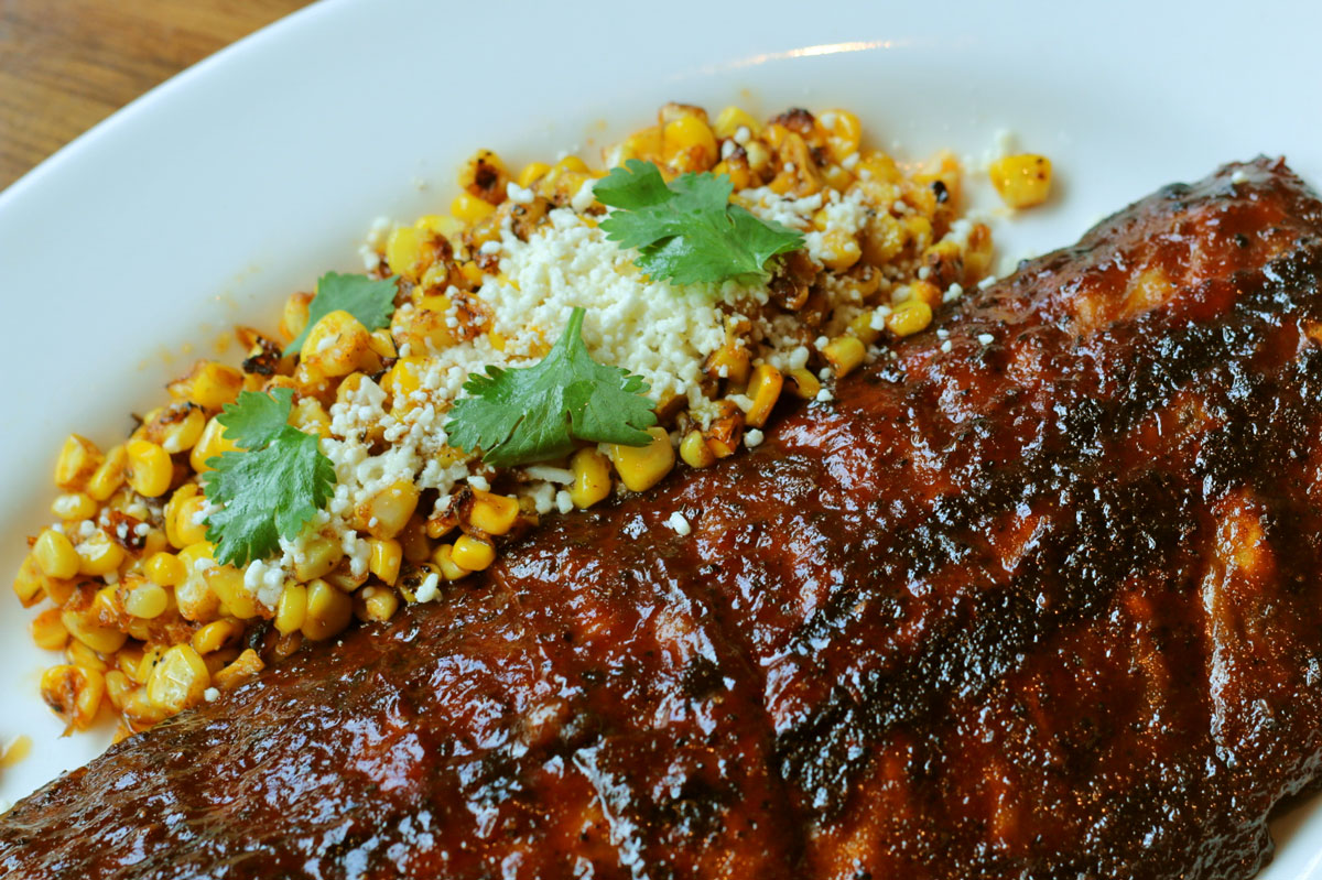 Doc B's Coral Gables BBQ ribs with elote corn