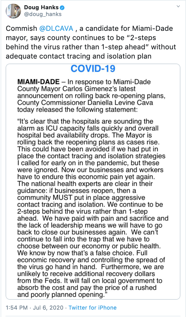 Danielle Levine Cava response to Miami Dade Emergency Order rolling back restaurant and gym openings
