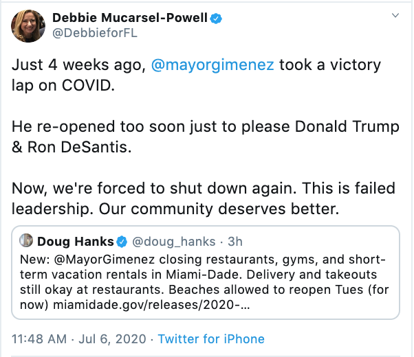 Debbie Murcasel-Powell response to Miami Dade Emergency Order rolling back restaurant and gym openings
