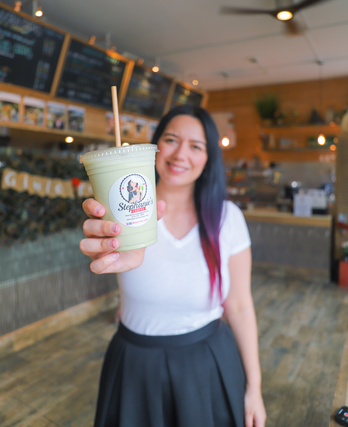 Stephanies Crepes. Gluten-free crepes in Miami, Coral Gables, Florida. Matcha Banana Smoothie