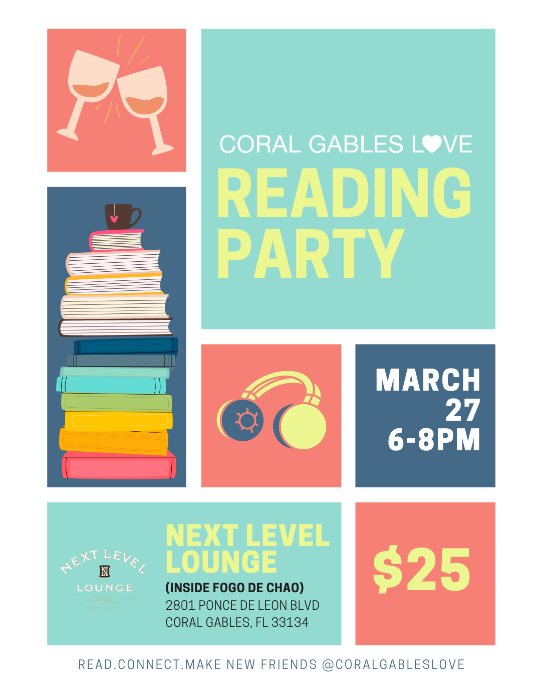 Coral Gables Love Reading Party. Wednesday March 27, 2024 from 6-8pm in Coral GAbles Fogo de Chao