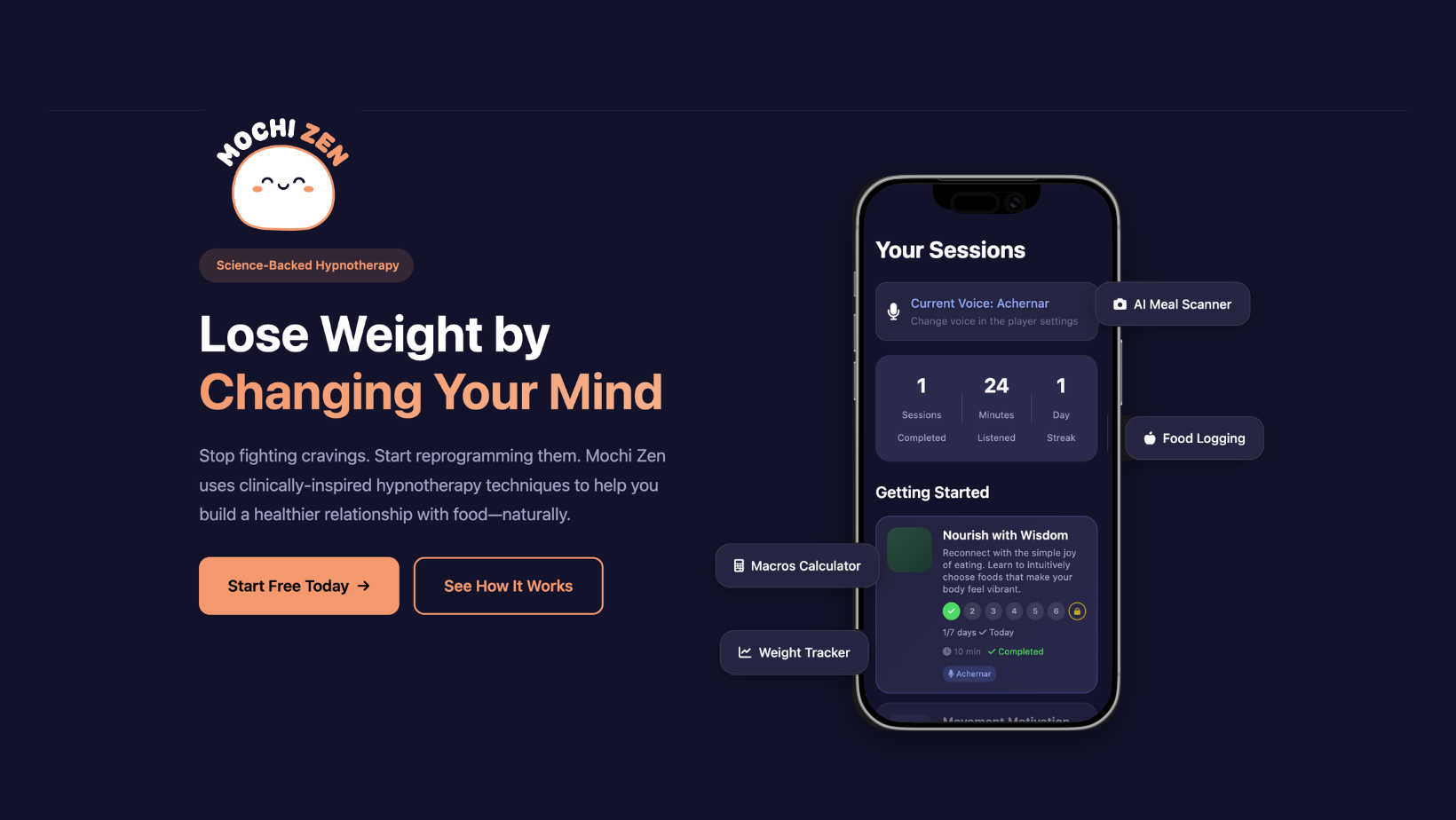 Mochi Zen - emotional eating app. Mochi Zen combines the power of hypnosis with smart photo meal scanning to help you break the subconscious patterns behind emotional eating and achieve permanent weight loss
