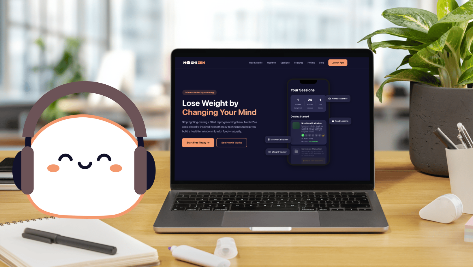 mochi zen emotional eating app for weight loss. lose weigh by changing your mind listening to hypnosis recordings to rewire your patterns of emotional and binge eating