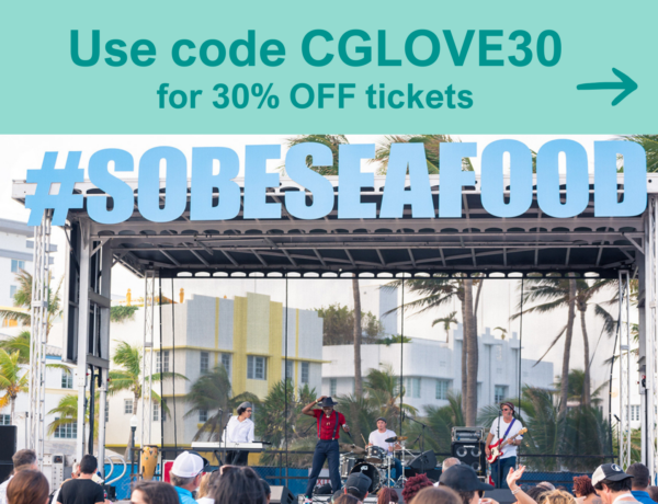 South Beach Seafood Festival 2026 on the sand at Lummus Park Miami Beach — use promo code CGLOVE30 for 30% off tickets